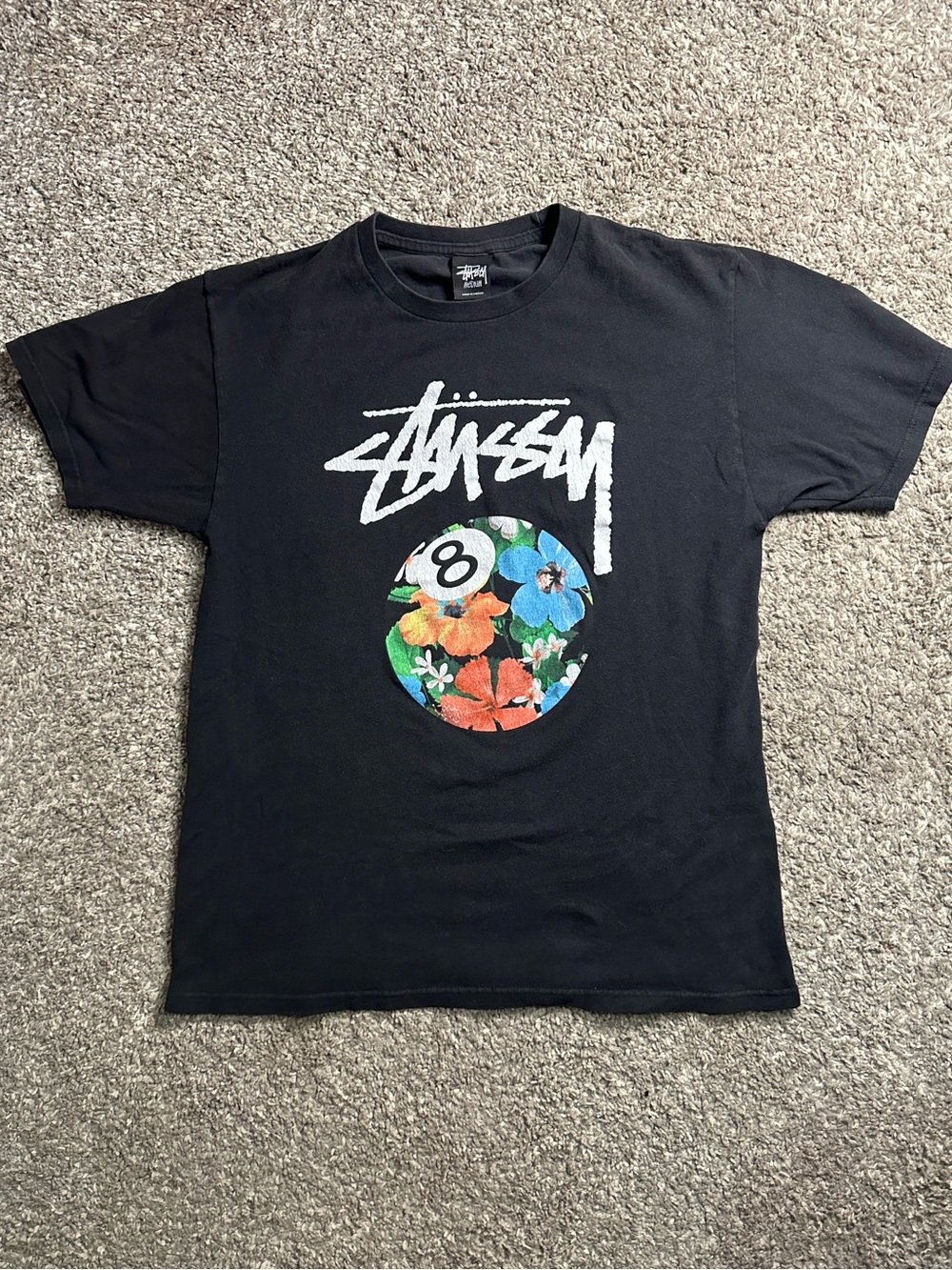 Stussy Black Tee with White Logo and Floral 8-Ball